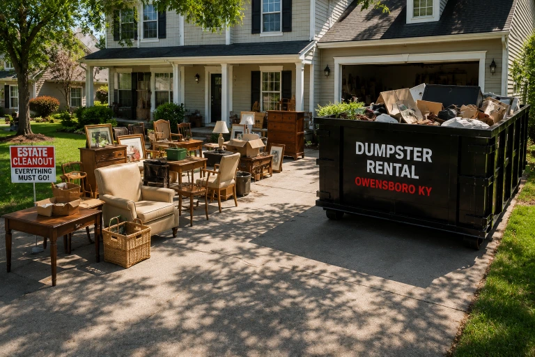 Estate cleanout dumpster rental Owensboro KY — roll-off container in residential driveway for full home clearout in Daviess County
