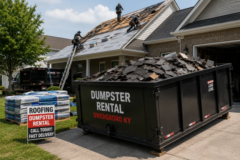 Roofing dumpster rental Owensboro KY — shingle tear-off debris loaded into roll-off container on residential job site